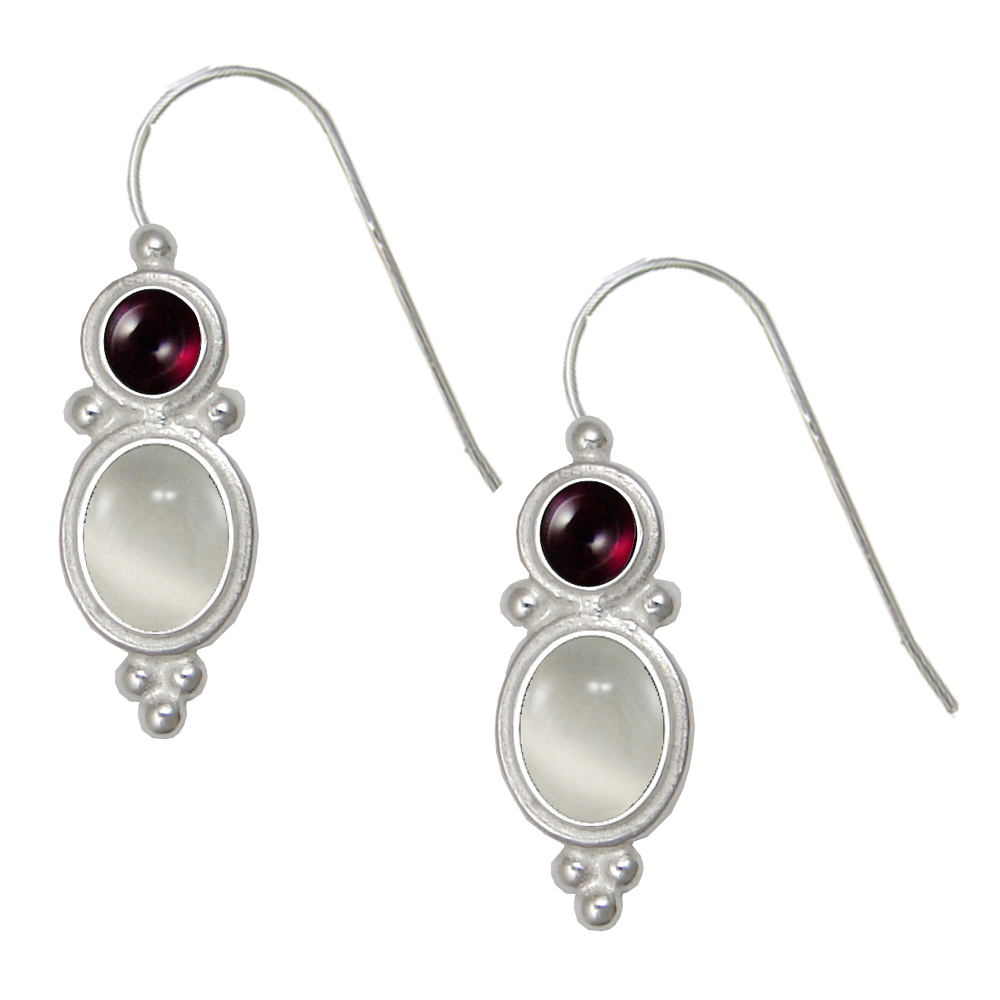 Sterling Silver Drop Dangle Earrings White Moonstone And Garnet